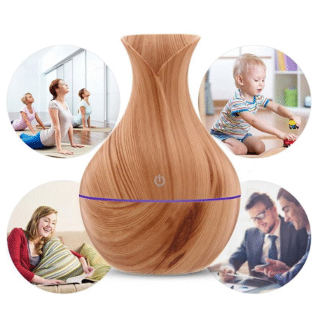 The image shows a stylish, wood-grain essential oil diffuser shaped like a vase. Surrounding the diffuser are people in different settings: women practicing yoga, a child playing on the floor, a mother with her child on the couch, and two men working in an office. The diffuser is designed for aromatherapy, air humidification, and relaxation.