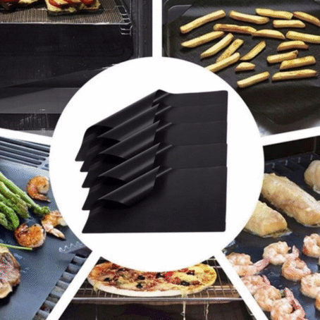 Set of non-stick BBQ grill mats displayed next to a grill in use, showing meat and vegetables being cooked on a black reusable grill mat for easy, mess-free outdoor barbecuing.