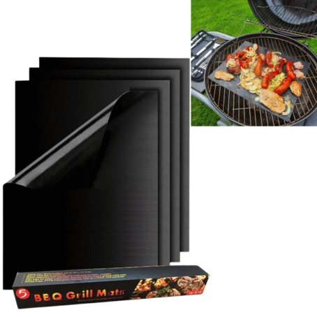 A set of black non-stick BBQ grill mats and a grill in use with meat and vegetables cooking on a reusable grill mat, ensuring clean and easy outdoor barbecuing.