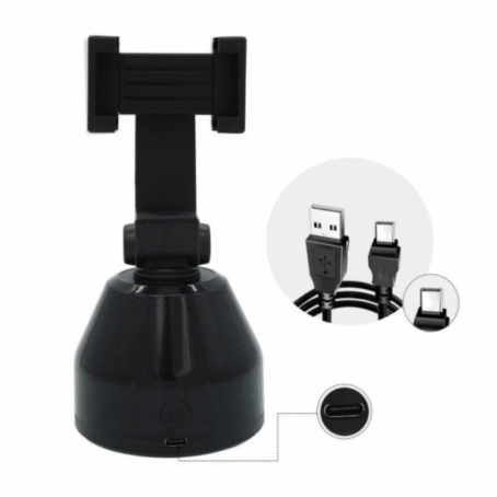Black automatic phone holder with a USB type C charging port and included USB cable for charging the device.