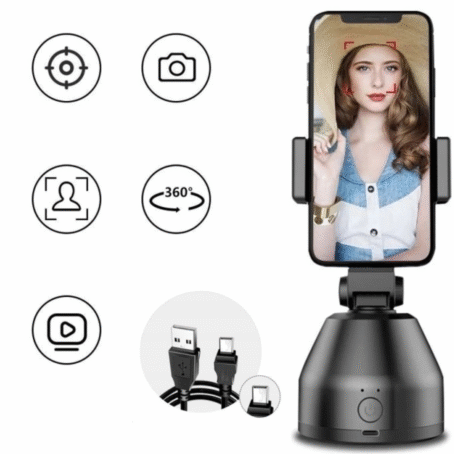 A smart 360-degree auto-tracking phone mount with a smartphone displaying a woman’s face in a red frame, indicating face tracking. The image features icons for face tracking, photo, video, 360° rotation, and social sharing, highlighting hands-free recording for content creators, vloggers, and live streaming.