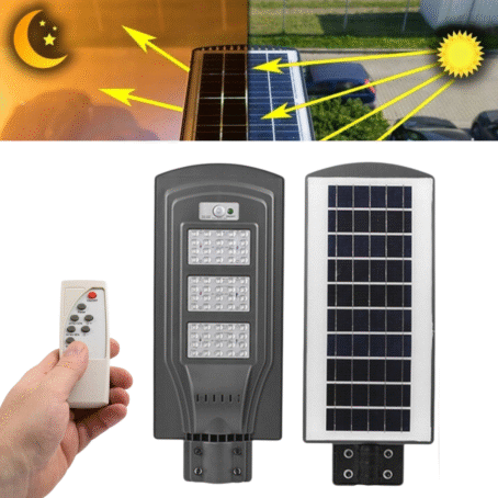 Outdoor LED solar lamp with motion sensor, solar panel, and remote control, shown front and back on a white background.
