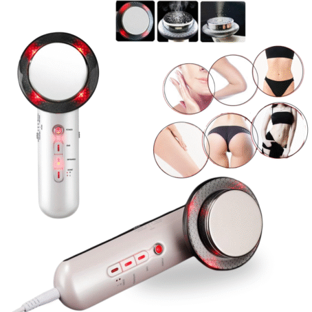 The image shows an electronic ultrasonic massager with red LED lights, designed for body shaping, cellulite reduction, and facial skin care. Next to the device, effects on different body parts are illustrated: abdomen, thighs, buttocks, arms, and face.