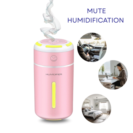 Pink quiet air humidifier with gentle mist, perfect for car, office, and bedroom – silent humidification