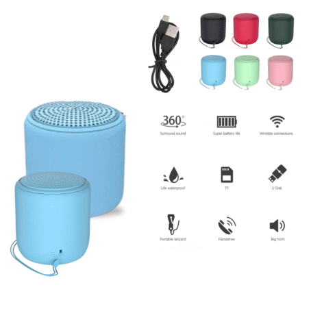 A compact, colorful wireless Bluetooth speaker with 360-degree surround sound, available in multiple colors. The image includes a USB charging cable, icons highlighting waterproof design, long battery life, wireless connection, TF card and USB support, hands-free calls, and a portable lanyard.