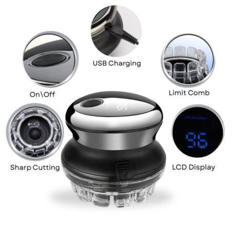 A modern electric hair clipper with ergonomic design, USB charging, LCD display showing remaining minutes, sharp cutting blades, on/off button, and limit comb. Ideal for precise haircuts and convenient at-home grooming.