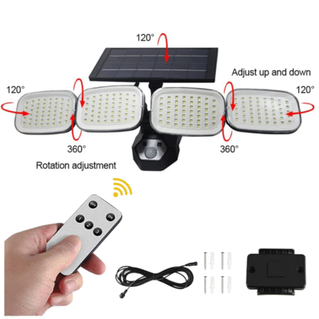 A solar-powered LED floodlight with four adjustable panels, a motion sensor, and a solar panel on top. The set includes a remote control, mounting accessories, and a power cable, highlighting features like 360-degree rotation and up-down adjustment for customizable outdoor lighting.