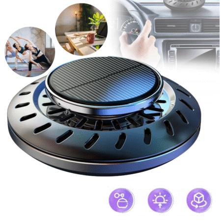 Solar-powered air freshener in a modern round design, suitable for use in the car, office, home, or yoga studio.