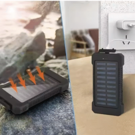 Solar power bank being charged outdoors by sunlight and indoors using a wall outlet.