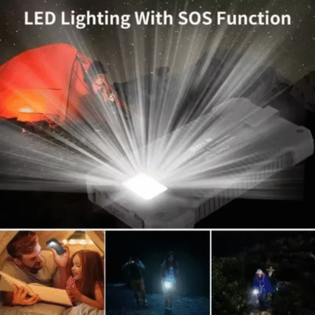 Solar power bank with a bright LED light and SOS signal function. In the background, a tent and people using the flashlight for camping and night hiking.