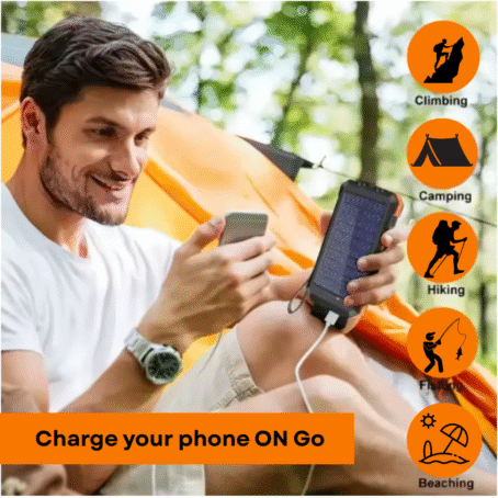 A smiling man sits in front of a tent while camping, holding a mobile phone and a solar power bank, with a charging cable connected to the phone. On the right side, icons show various outdoor activities: climbing, camping, hiking, fishing, and beaching. At the bottom, the text reads "Charge Your Phone ON Go – Designed for outdoor enthusiasts."