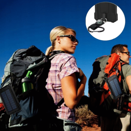People with hiking backpacks equipped with solar power banks attached using carabiners, trekking outdoors on a sunny day.