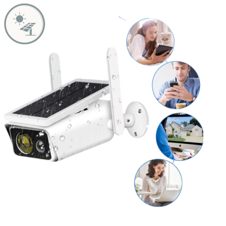 A waterproof solar-powered wireless security camera designed for outdoor use, shown in rainy conditions. Inset images display remote home and pet monitoring on smartphones and computers, highlighting real-time surveillance from anywhere.