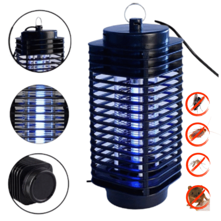 Electric UV bug zapper lamp with a blue light, designed to attract and eliminate mosquitoes, flies, and other insects. Features a protective black cage, hanging hook, and is suitable for indoor and outdoor use.