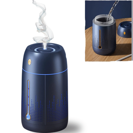 Black ultrasonic air humidifier with LED lighting and water level indicator, emitting fine mist. The image also shows easy filling of the water tank.