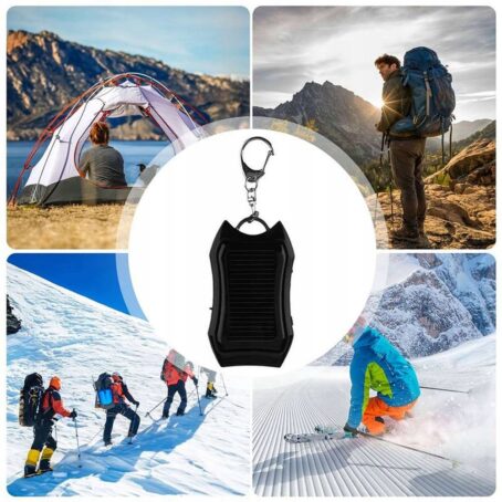 A portable rechargeable hand warmer keychain shown in the center, surrounded by images of people camping, hiking, skiing, and mountaineering. Ideal for keeping hands warm during outdoor winter sports and adventures.