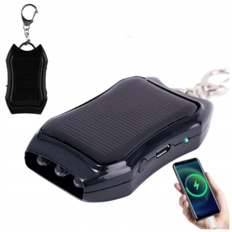 A compact black solar-powered hand warmer keychain featuring a built-in flashlight, USB charging port, and the ability to charge a smartphone, shown with close-ups of the device and its keychain attachment.