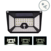 A solar-powered LED wall light with three working modes: human body sensing mode, human body sensing with low light mode, and constant low light mode. The image displays the lamp, its sensor, and different lighting effects, ideal for outdoor security and energy-efficient illumination.