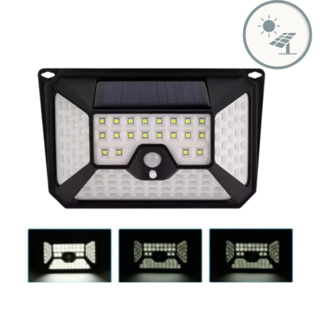 A solar-powered LED wall light with three working modes: human body sensing mode, human body sensing with low light mode, and constant low light mode. The image displays the lamp, its sensor, and different lighting effects, ideal for outdoor security and energy-efficient illumination.