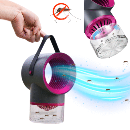 A portable electric mosquito trap with a carrying handle and UV light, shown attracting and capturing mosquitoes into a transparent container for effective indoor and outdoor insect control.