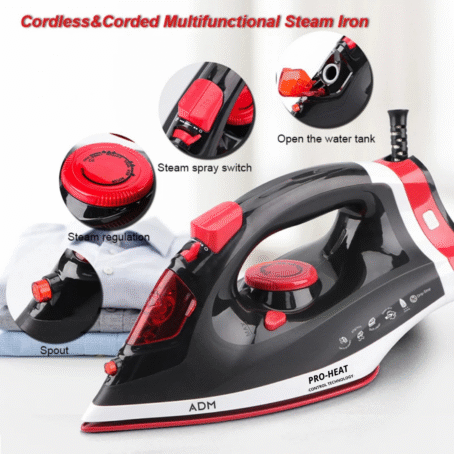 ADM Pro-Heat black and red multifunctional steam iron with steam regulation, spray switch, spout, and easy-to-open water tank, shown on a shirt