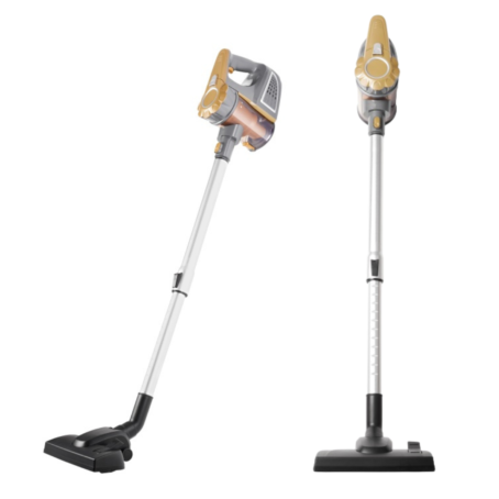 cordless stick vacuum cleaner in gold and grey color, side and front view, long handle, modern design
