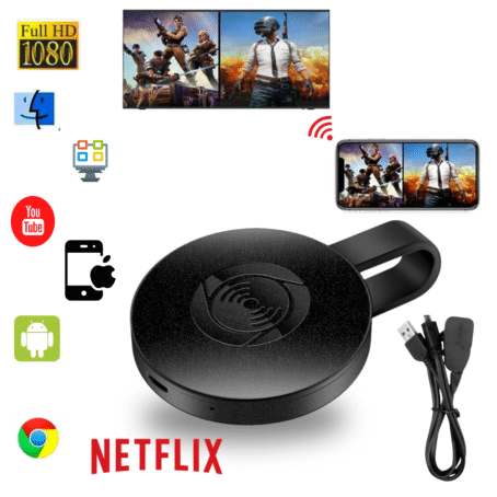 Wireless HDMI adapter for Full HD 1080p streaming. Supports apps like Netflix and YouTube, compatible with Apple, Android, Windows, and Mac devices. Easily streams video from your phone to your TV via Wi-Fi, perfect for gaming, movies, and multimedia. The graphic shows the adapter and logos of popular platforms and operating systems.