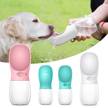 Dog drinking water from a portable travel water bottle for pets. Several color versions of the bottle are displayed at the bottom of the image.