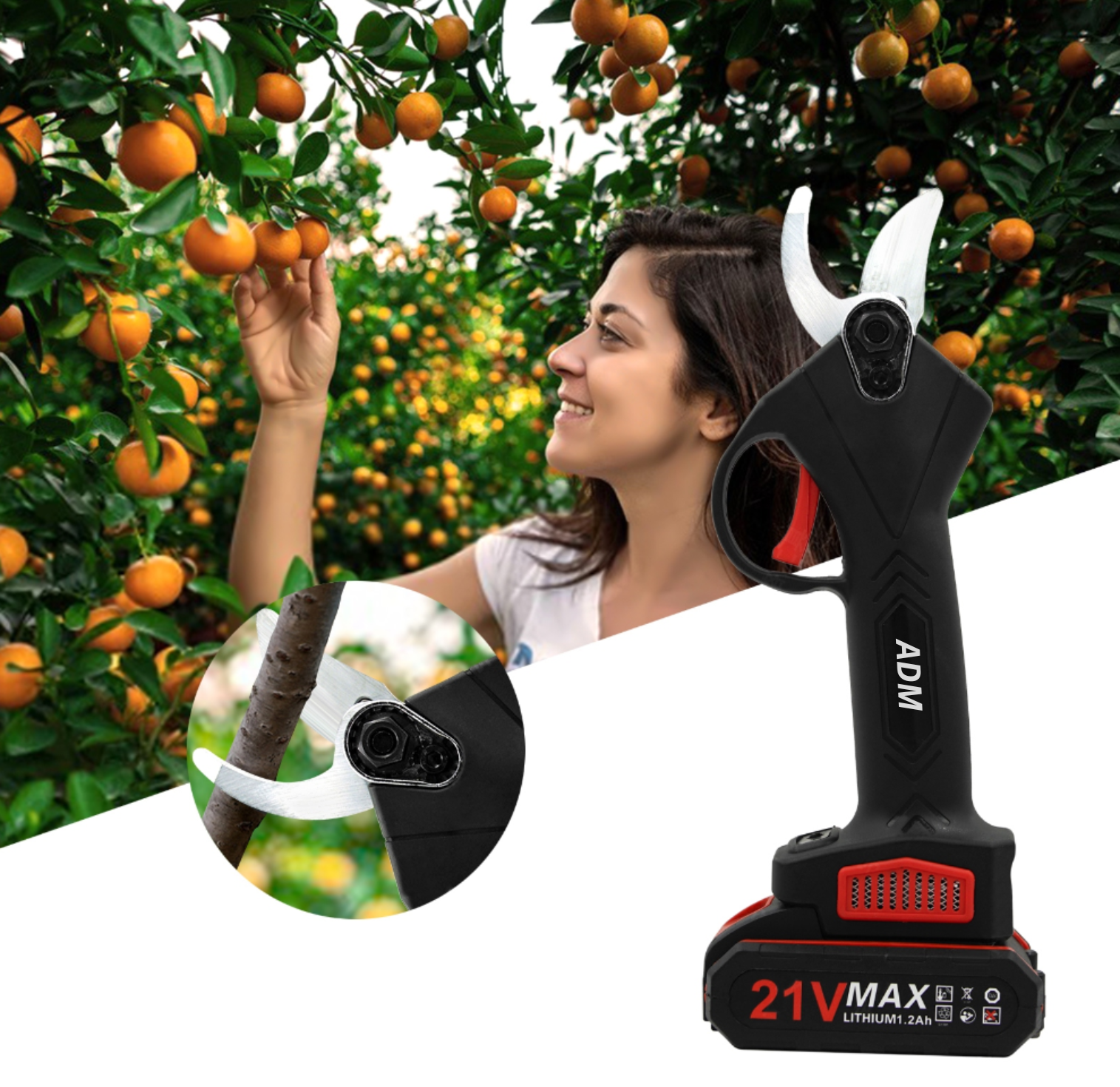 ADM Cordless electric pruner for tree branches with 2 batteries 21V, SKU: 466