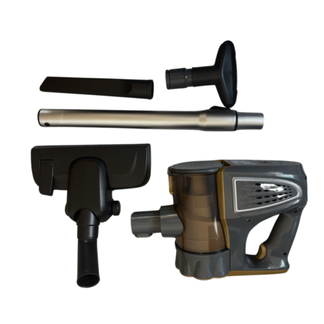 cordless stick vacuum cleaner parts: main unit, tube, floor brush, crevice nozzle, and small attachment in grey and gold color