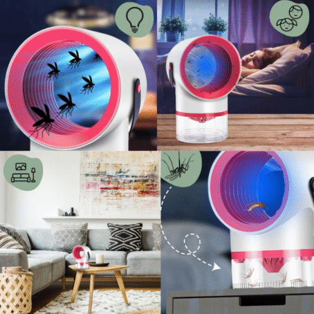 Image of a modern LED mosquito trap lamp in white and pink, designed to catch mosquitoes. Shown in various rooms: bedroom and living room, as well as operating at night. The device attracts and traps mosquitoes in a bottom container, using no chemicals – safe for children and adults.