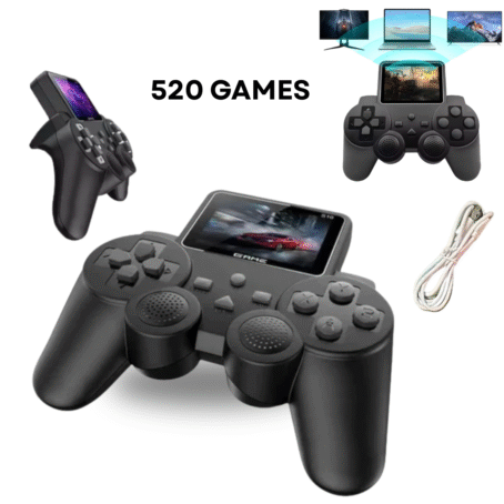 The image shows a portable game console shaped like a controller with a built-in LCD screen. The console comes with 520 pre-installed games. The set includes a charging cable and allows connection to various screens (monitor, laptop, TV). The controller is black, and the display shows a racing game in progress.