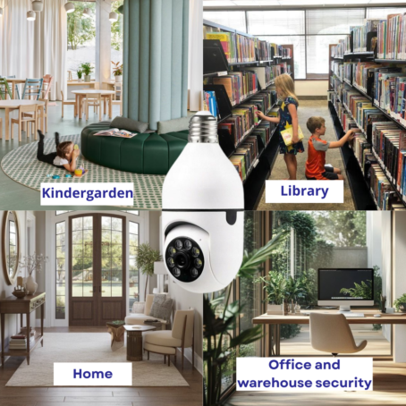A collage showing different places monitored by a WiFi bulb camera: a kindergarten, a library, a home, and an office/warehouse. Each scene illustrates the use of the camera for improved safety and supervision.