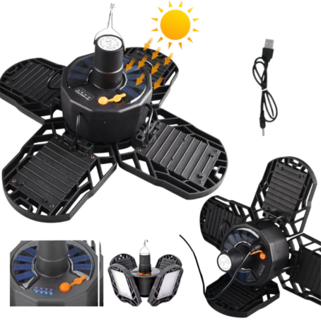 Solar LED lamp with three panels, motion and dusk sensor, solar panel, and remote control.