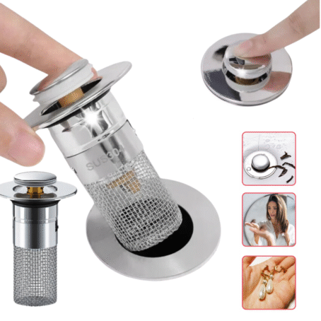 A stainless steel drain filter for sinks or washbasins, featuring an easy “click” mechanism for quick removal and installation. The filter traps debris and hair, preventing clogs. The image shows how to remove the filter with your fingers and how to install it by pressing it in.