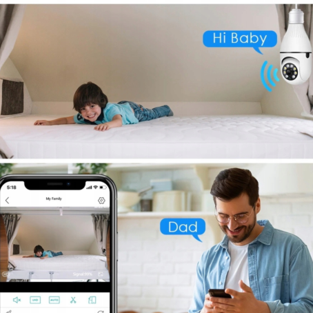 The image shows a child lying on a bed, communicating with a parent using a WiFi camera with built-in microphone and speaker. The parent's smartphone screen displays the live camera view and voice call feature.