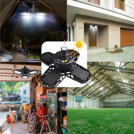 Multi-purpose LED lamp with four adjustable panels, shown installed in various locations: garage, workshop, home, sports hall, and tent.