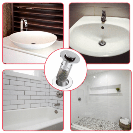 A stainless steel filter for sinks, bathtubs, or showers that effectively traps hair, debris, and other contaminants, preventing drain clogs. Also protects against accidentally losing small items such as jewelry. The images show usage examples in various types of sinks, bathtubs, and showers, as well as situations where the filter blocks hair and protects valuables from falling down the drain.