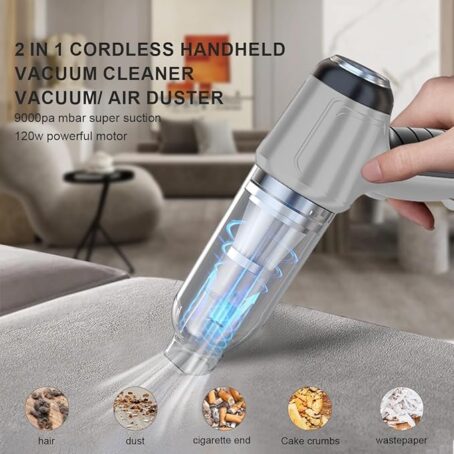 Cordless handheld vacuum cleaner with 9000pa super suction and 120W motor shown cleaning a sofa, effectively removing hair, dust, cigarette ends, cake crumbs, and wastepaper. Ideal for deep cleaning in the home, car, or office.