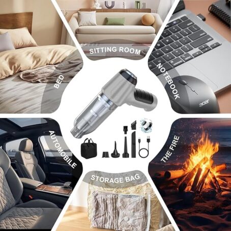 The image shows a multifunctional 2-in-1 cordless handheld vacuum cleaner with various attachments, surrounded by photos illustrating its uses: bed, living room, laptop, car, campfire, and vacuum storage bag. The device is suitable for cleaning at home, in the car, around electronics, for starting campfires, and for vacuum-packing storage bags.