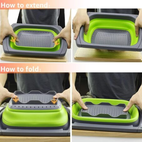 Step-by-step instructions showing how to extend and fold a green and gray foldable silicone sink basket