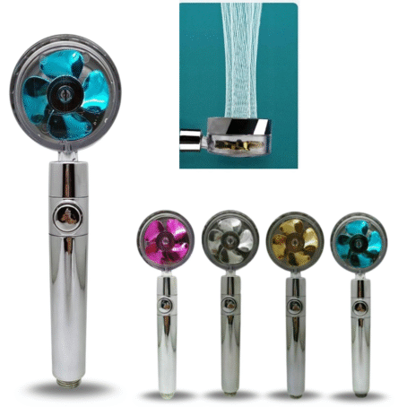 Shower head with water turbine, available in four colors, close-up of strong water stream.