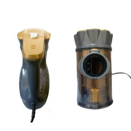 front and side view of the handle and dust container of a grey and gold stick vacuum cleaner, isolated on white background