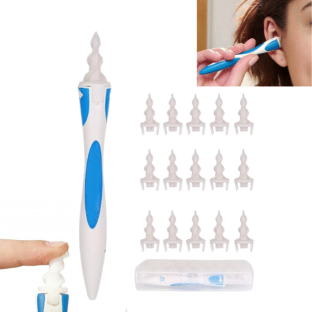 The image shows an ergonomic ear cleaner in white and blue with a soft spiral tip and a set of multiple replacement tips. In the top right corner, a person is using the device to clean their ear, and below is a close-up of the replaceable tip. At the bottom, a plastic storage case for the cleaner and tips is also visible.
