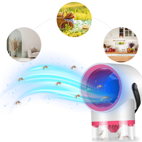 Modern LED mosquito trap lamp in white and pink, shown in various locations: living room, kitchen, and outdoor picnic. The image illustrates mosquitoes being drawn into the lamp by a powerful suction system, providing effective insect protection without chemicals.