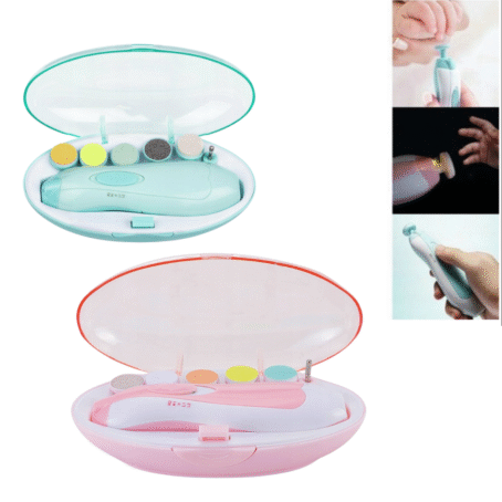 Electric nail trimmer and file set for babies and children, shown in mint green and pink cases with interchangeable heads. The image also shows the device being safely used on a child's nails, including at night.