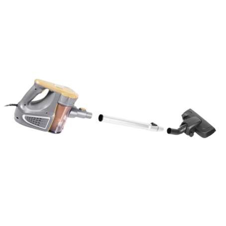 grey and gold stick vacuum cleaner disassembled: handheld module, aluminum tube, and brush head, isolated on white background