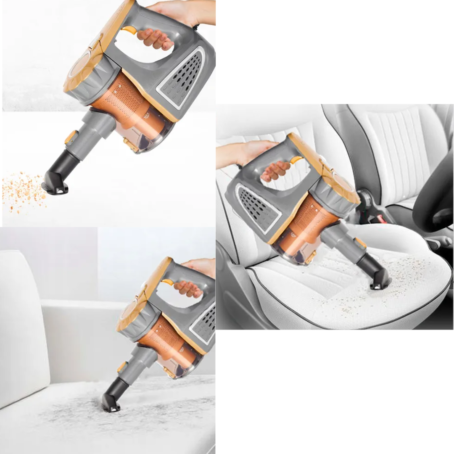 A compact handheld vacuum cleaner in gray and gold is being used to clean various surfaces. The device is shown removing food crumbs from a white sofa, pet hair from fabric, and dirt from a car seat. Its lightweight and ergonomic design makes it ideal for quick and effective spot cleaning in home and car interiors.
