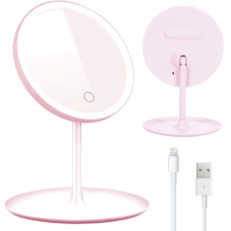 A pink LED makeup mirror on a round stand, shown from the front and back. Also includes a USB charging cable.
