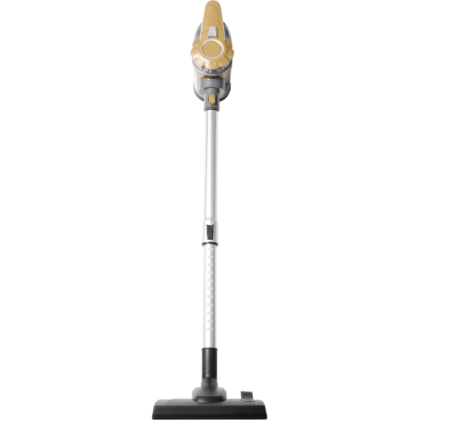 Gold-colored upright vacuum cleaner with a wide floor brush for cleaning various surfaces.